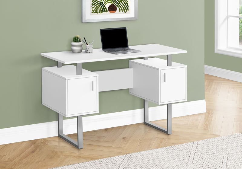 Modern White Laminate Computer Desk with Storage - 48"L, Grey Metal Legs