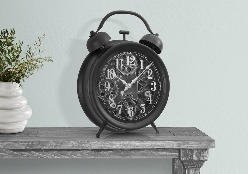 12" Round Gear Mechanism Table Clock - Black Transitional Design