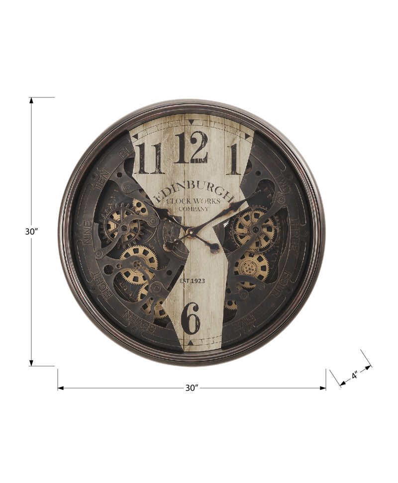 30" Round Wall Clock with Gear Mechanism in Brown - Transitional Style