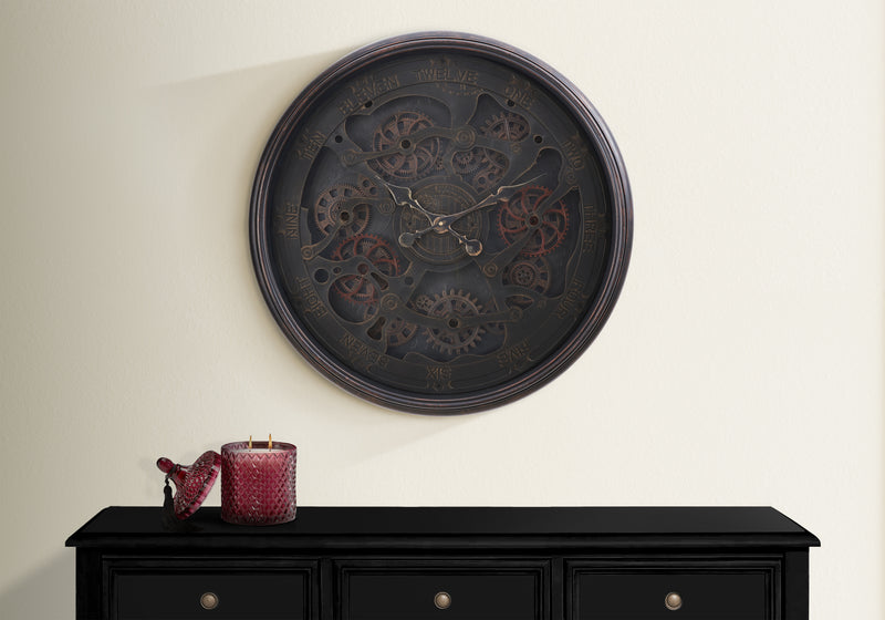 Large 30" Round Gear Wall Clock in Black - Transitional Style"