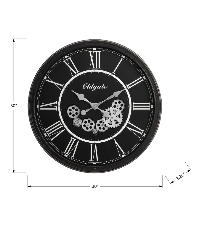 Large 30" Round Gear Wall Clock in Black - Transitional Style"