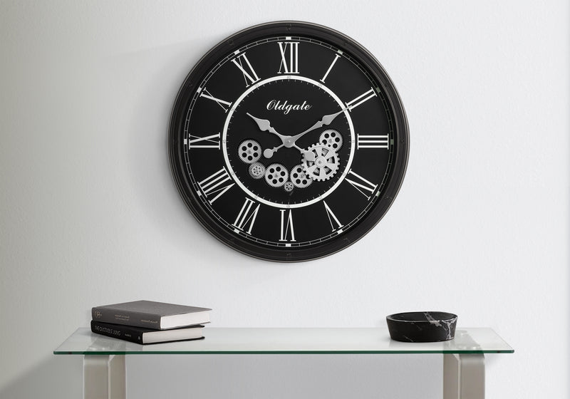 Large 30" Round Gear Wall Clock in Black - Transitional Style"