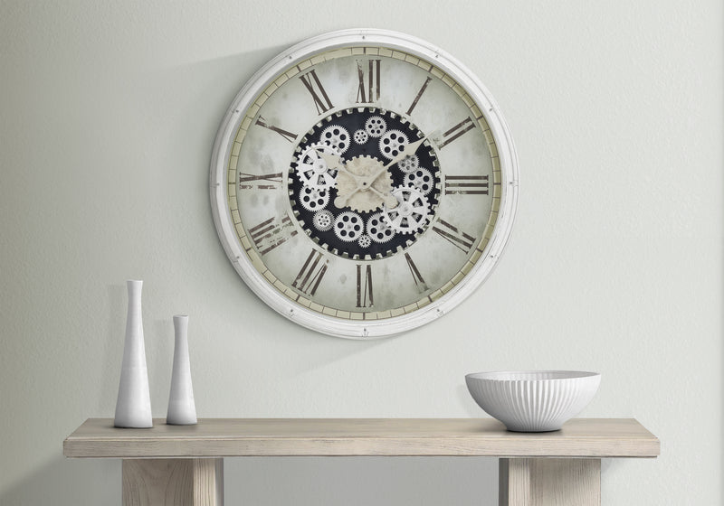 Large Oversized 30" Round White Wall Clock with Gear Mechanism - Transitional Style