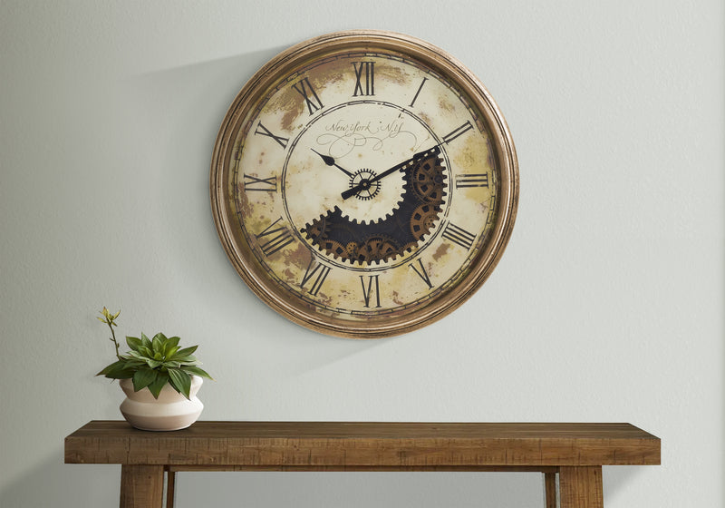 30" Round Antique Gold Wall Clock with Gear Mechanism - Large Oversized Transitional Design