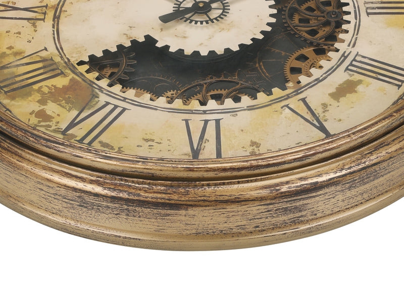 30" Round Antique Gold Wall Clock with Gear Mechanism - Large Oversized Transitional Design