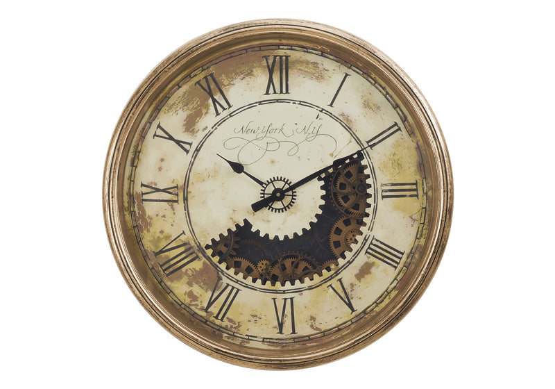 30" Round Antique Gold Wall Clock with Gear Mechanism - Large Oversized Transitional Design