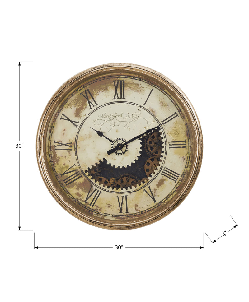 30" Round Antique Gold Wall Clock with Gear Mechanism - Large Oversized Transitional Design