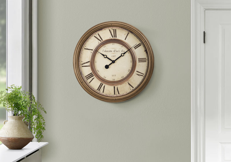 Clocks, 20" Round, Wall Clock, Antique Brown, Transitional