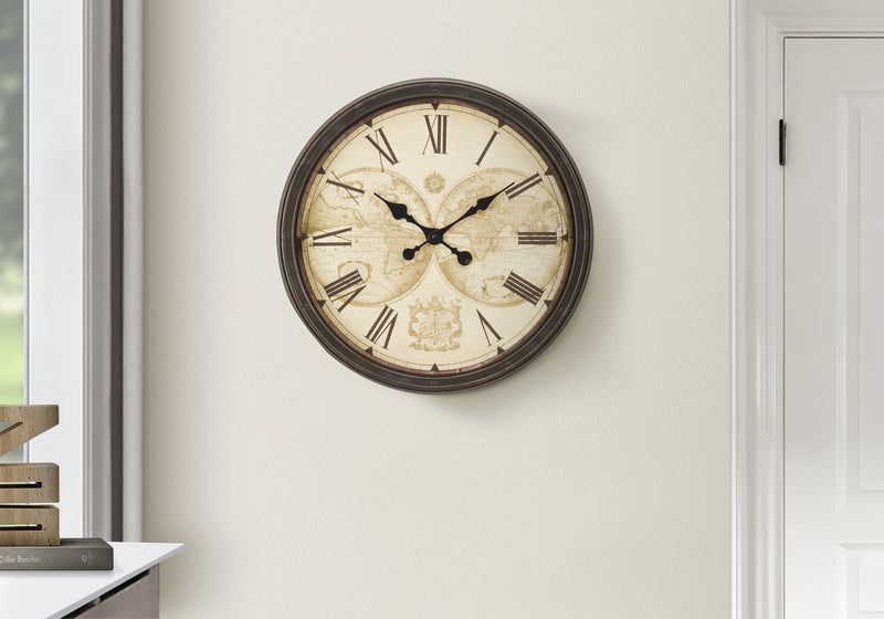 Clocks, 20" Round, Wall Clock, Antique Brown, Transitional