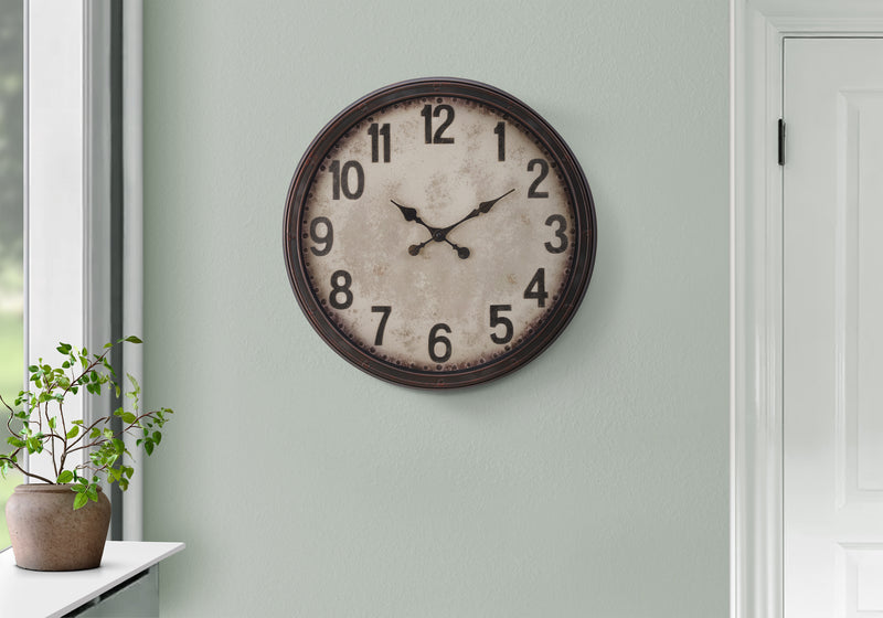 Clocks, 20" Round, Wall Clock, Antique Brown, Transitional