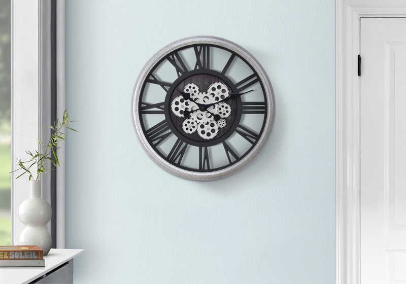 Clocks, 20" Round, Gear Mechanism, Wall Clock, Black, Silver, Transitional