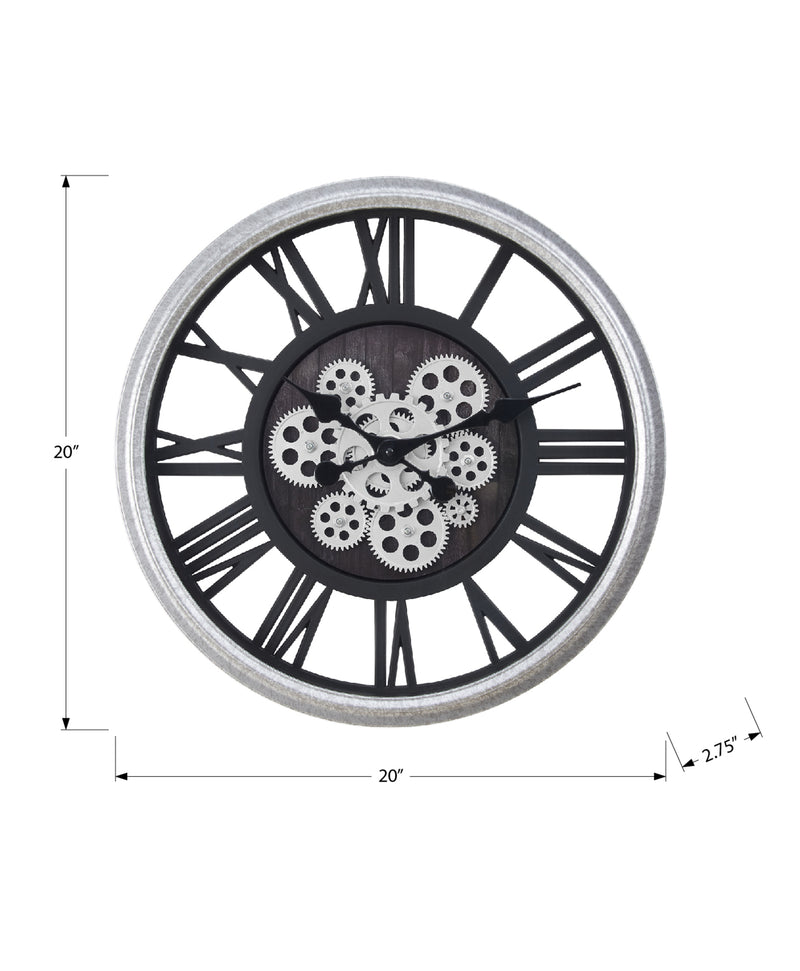 Clocks, 20" Round, Gear Mechanism, Wall Clock, Black, Silver, Transitional