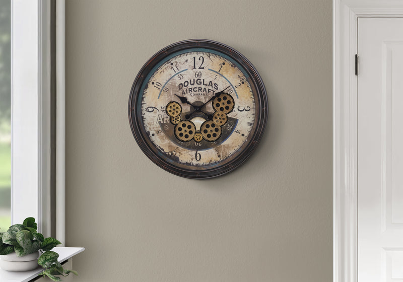 Clocks, 20" Round, Gear Mechanism, Wall Clock, Brown, Transitional