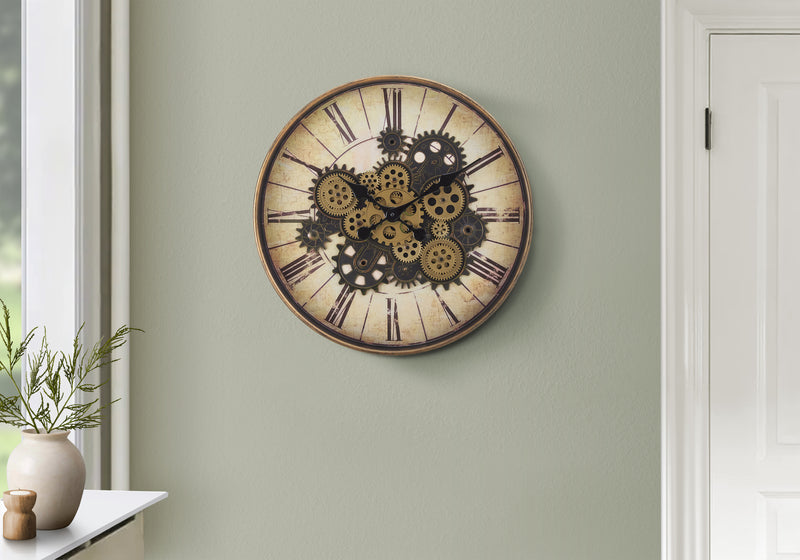 Clocks, 20" Round, Gear Mechanism, Wall Clock, Brown, Transitional