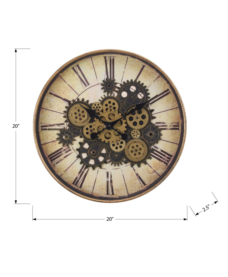 Clocks, 20" Round, Gear Mechanism, Wall Clock, Brown, Transitional