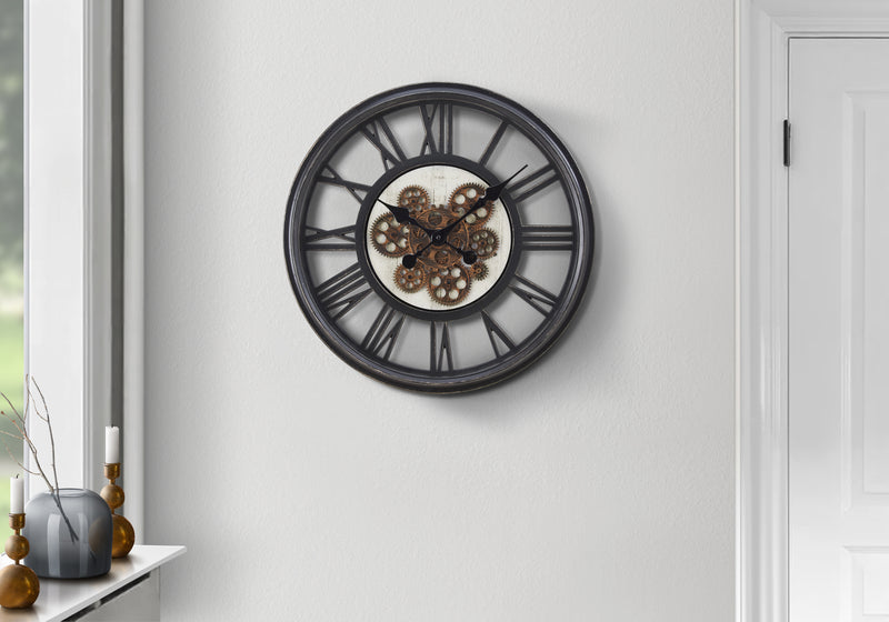 Clocks, 20" Round, Gear Mechanism, Wall Clock, Black, Transitional