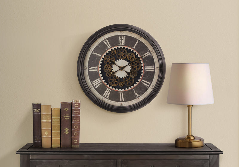 Clocks, 23" Round, Gear Mechanism, Wall Clock, Brown, Transitional