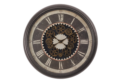 Clocks, 23" Round, Gear Mechanism, Wall Clock, Brown, Transitional