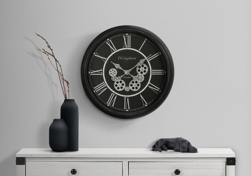 Clocks, 23" Round, Gear Mechanism, Wall Clock, Black, Transitional