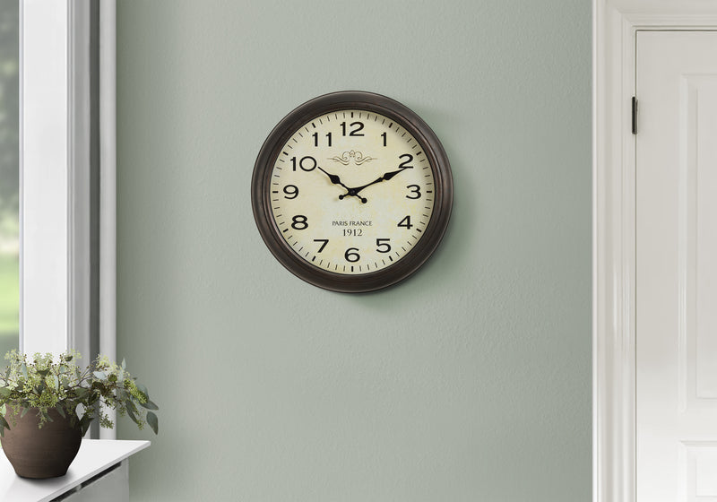 Clocks, 16" Round, Wall Clock, Antique Brown, Transitional