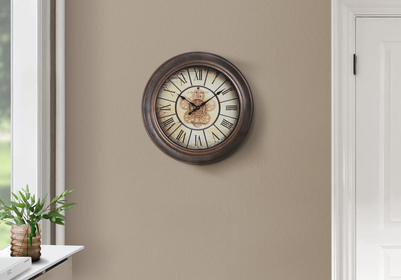 Clocks, 15" Round, Wall Clock, Antique Brown, Transitional