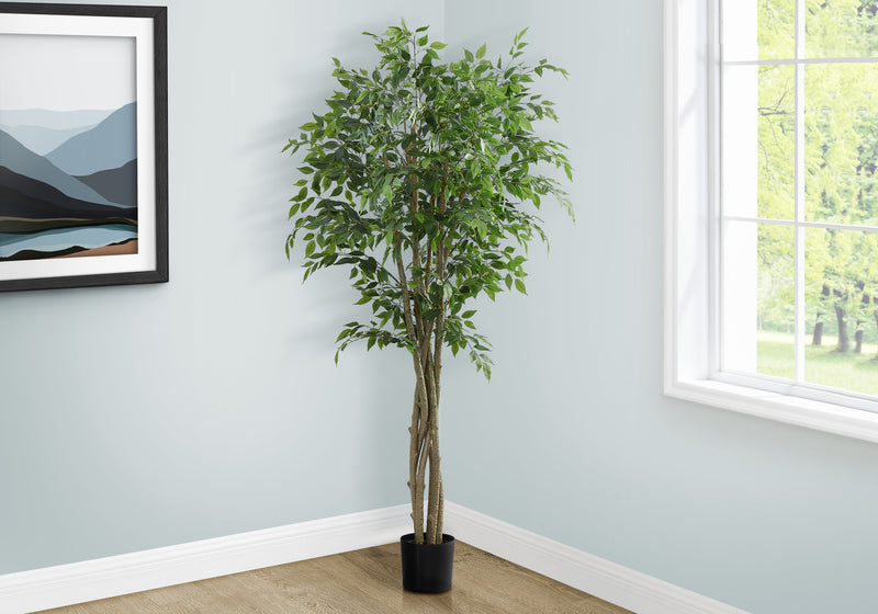 79" Tall Artificial Ficus Tree, Real Touch Green Leaves, Potted - Indoor Floor Plant