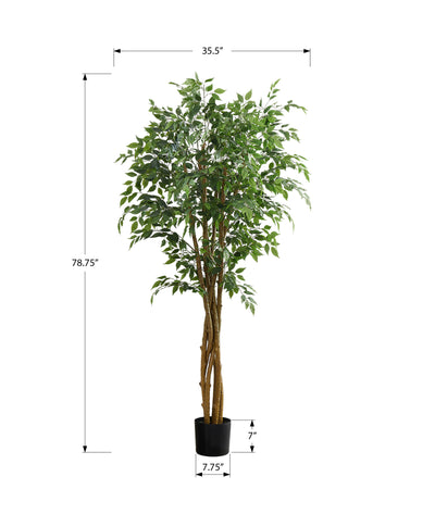 79" Tall Artificial Ficus Tree, Real Touch Green Leaves, Potted - Indoor Floor Plant