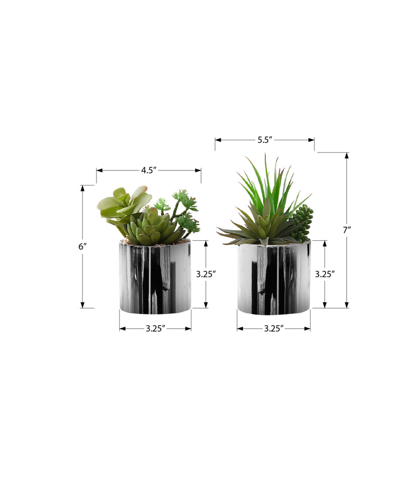 Set of 2 Artificial Succulent Plants in Chrome Pots, 7" Tall - Faux Greenery for Indoor Decor