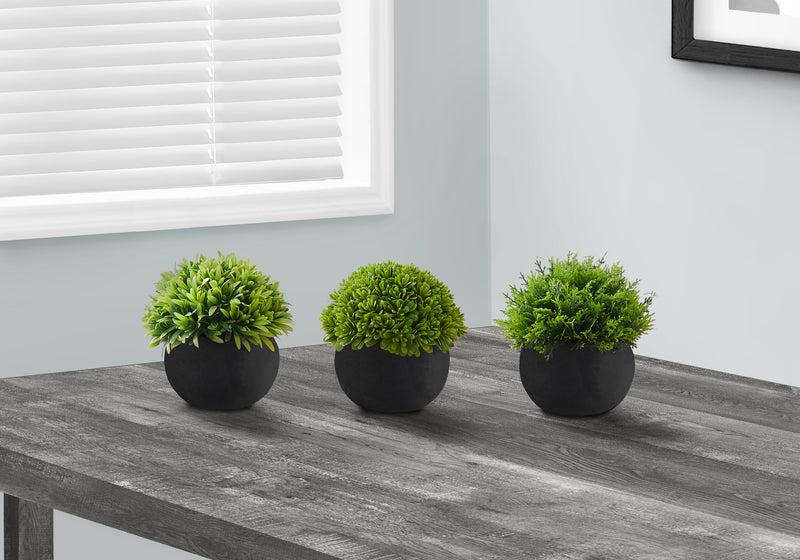 Set of 3 Artificial Grass Plants 5" Tall - Indoor Faux Greenery in Black Pots