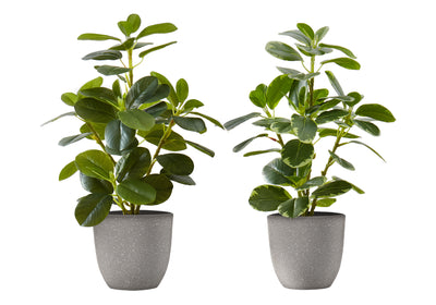 Set of 2 14" Tall Faux Ficus Artificial Plants in Grey Pots - Indoor Decorative Greenery