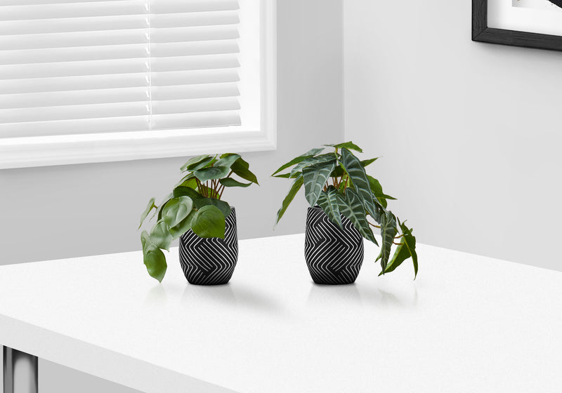 Faux Alocasia Plant Set of 2, 8" Tall Indoor Artificial Greenery in Black Cement Pots