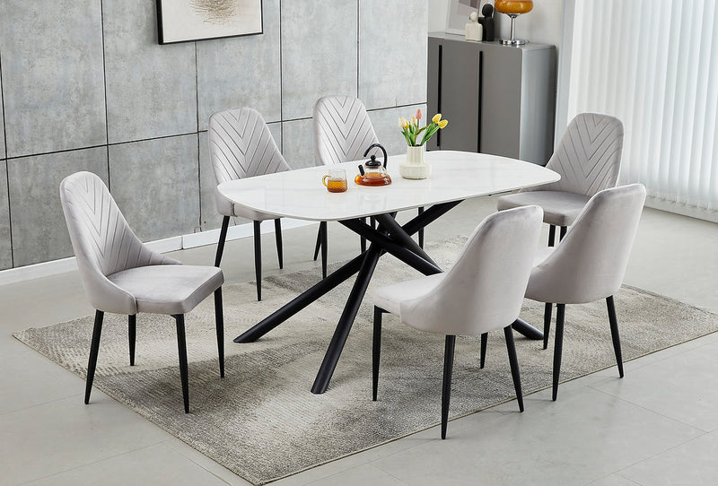 Elegant Sintered Stone Marble Dining Set with Light Grey Velvet Chairs