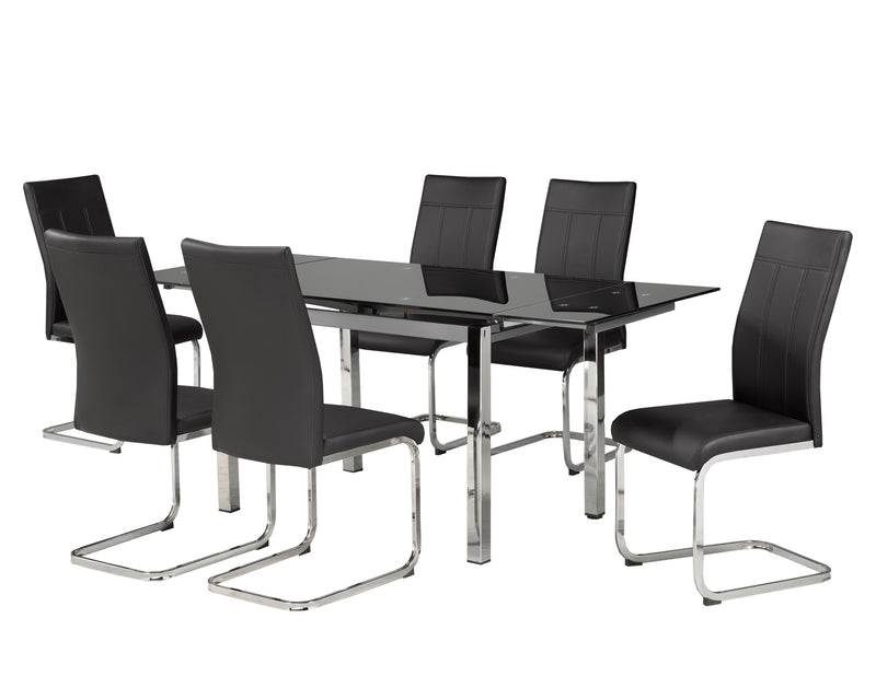 Extendable Glass Top Table with Black Chairs and Chrome legs