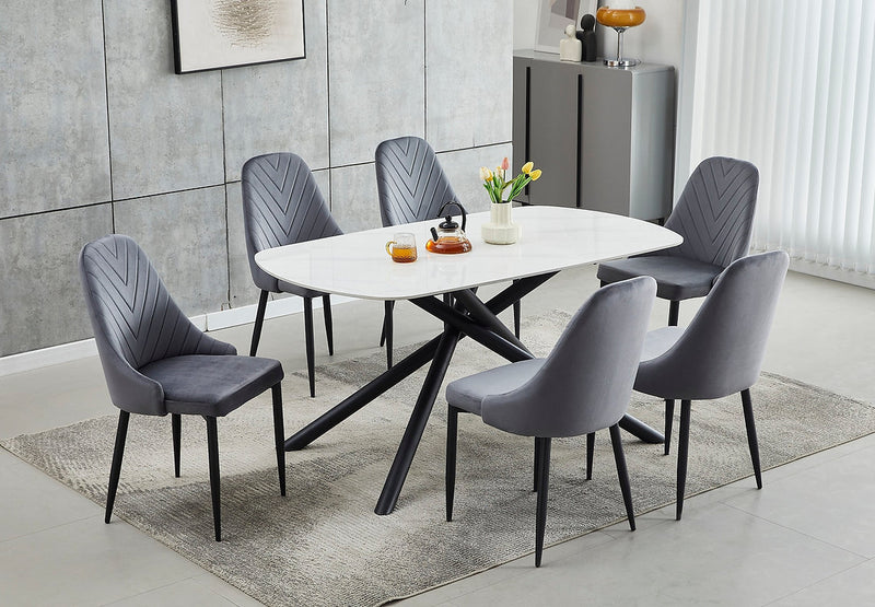 Luxurious Sintered Stone Marble Dining Set with Dark Grey Velvet Chairs