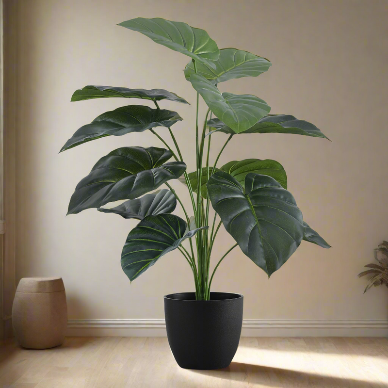 24" Tall Alocasia Artificial Plant - Real Touch Faux Greenery, Indoor Decorative Tabletop, Black Pot