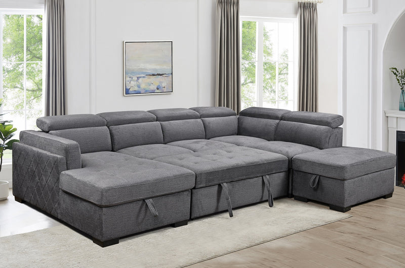 Grey Chaise Sofa Bed with Storage & Adjustable Headrests