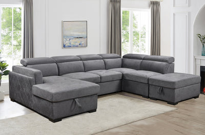 Grey Chaise Sofa Bed with Storage & Adjustable Headrests