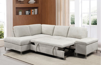 Left Hand Chaise Sofa Bed with Storage in Soft Grey Boucle