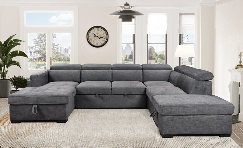 Grey Chaise Sofa Bed with Storage & Adjustable Headrests