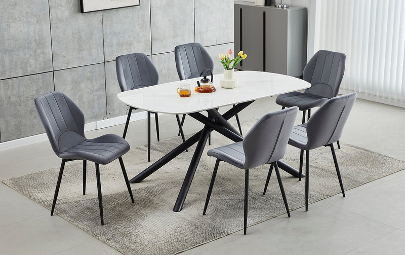 Modern Sintered Stone Marble Dining Set with Dark Grey Velvet Chairs