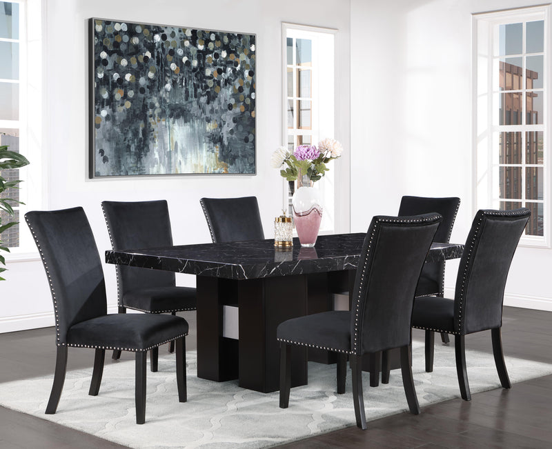 Faux Black Marble Table & Velvet Chairs Set with Nailhead Trim