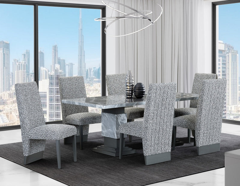 Grey Marble Dining Table & Plush Tufted Chairs Set