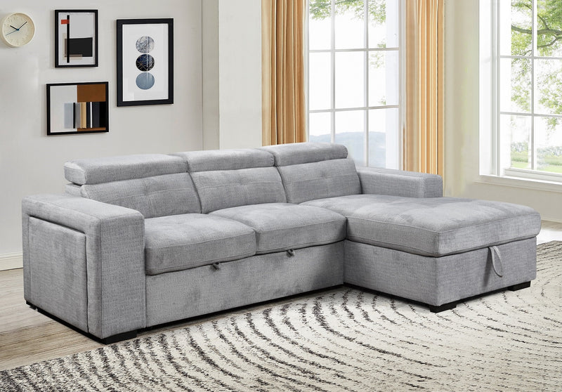 RHF Grey Chaise Sofa Bed with Storage, Charger & Adjustable Headrests