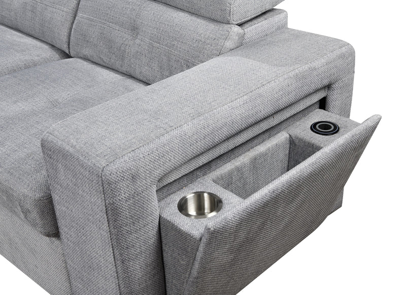 LHF Grey Sofa Bed with Chaise, Charging Station & Storage