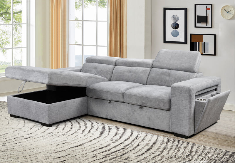 LHF Grey Sofa Bed with Chaise, Charging Station & Storage