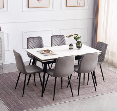 White Marble Extension Dining Table & Grey Velvet Chairs Set