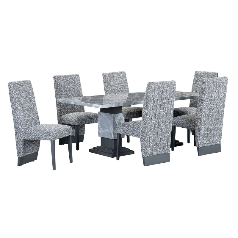 Grey Marble Dining Table & Plush Tufted Chairs Set