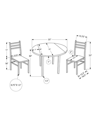 Contemporary 3pcs Dining Table Set, Small 35" Drop Leaf, Black Metal & Grey Laminate