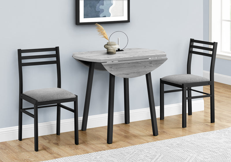 Contemporary 3pcs Dining Table Set, Small 35" Drop Leaf, Black Metal & Grey Laminate