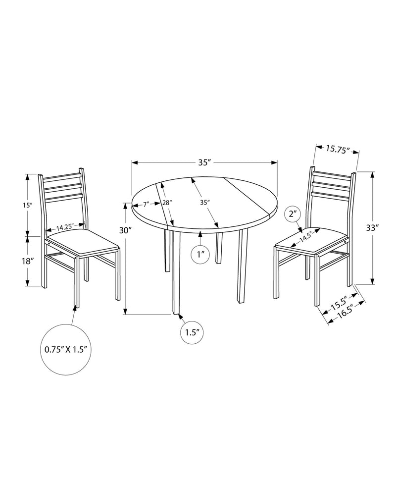 Contemporary Dining Table Set, 3pcs, Small 35" Drop Leaf, White Metal & Laminate, Grey Fabric